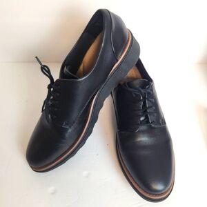 Clarks Sharon Rae Black Leather Lace Up Oxford Wedge Comfort Platform 10